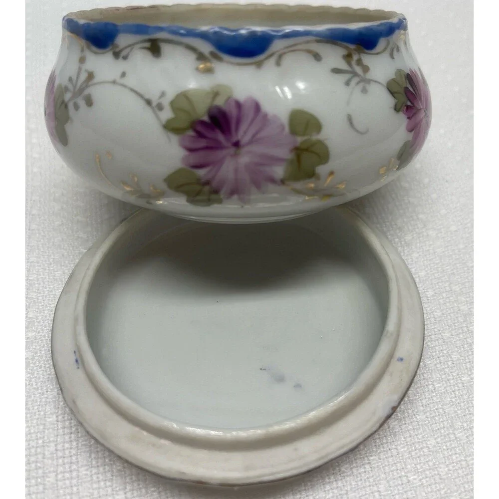 Vintage Covered Trinket Box w/ Lid Hand Painted Flowers Gift Decor Cottagecore